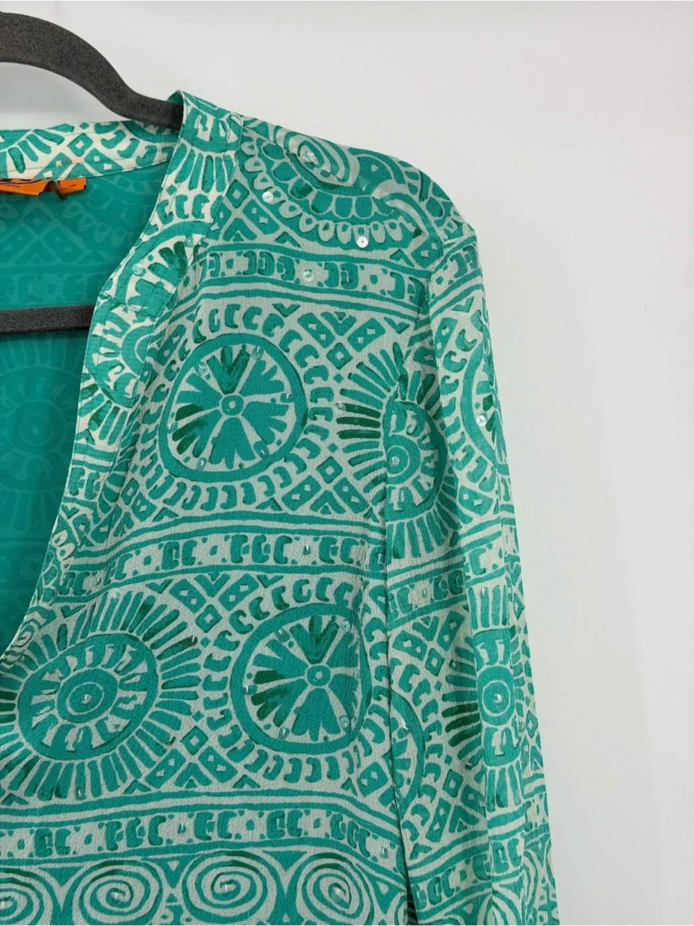 Tory Burch Silk Tunic Blouse Teal Ivory Sequin Print Size 10